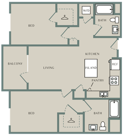 Floor plan for 2 beds, 2 baths, 1115 sqft